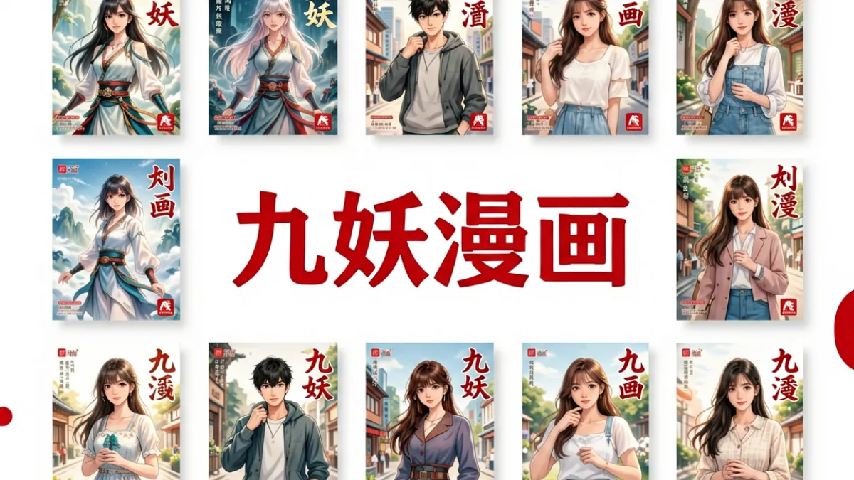 九妖漫画平台品牌展示画面，显示平台标识与多类型漫画封面拼贴，背景为简洁白色风格