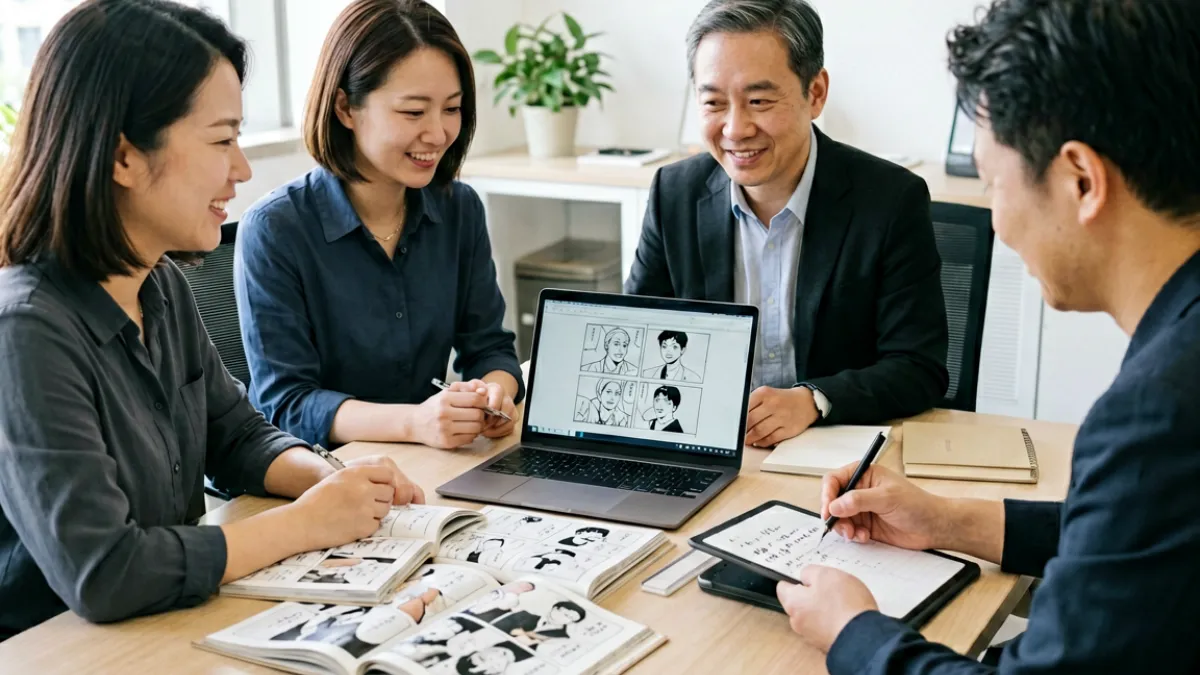 九妖漫画内容编辑团队在办公室讨论漫画作品资料，桌上摆放多本漫画与电脑屏幕