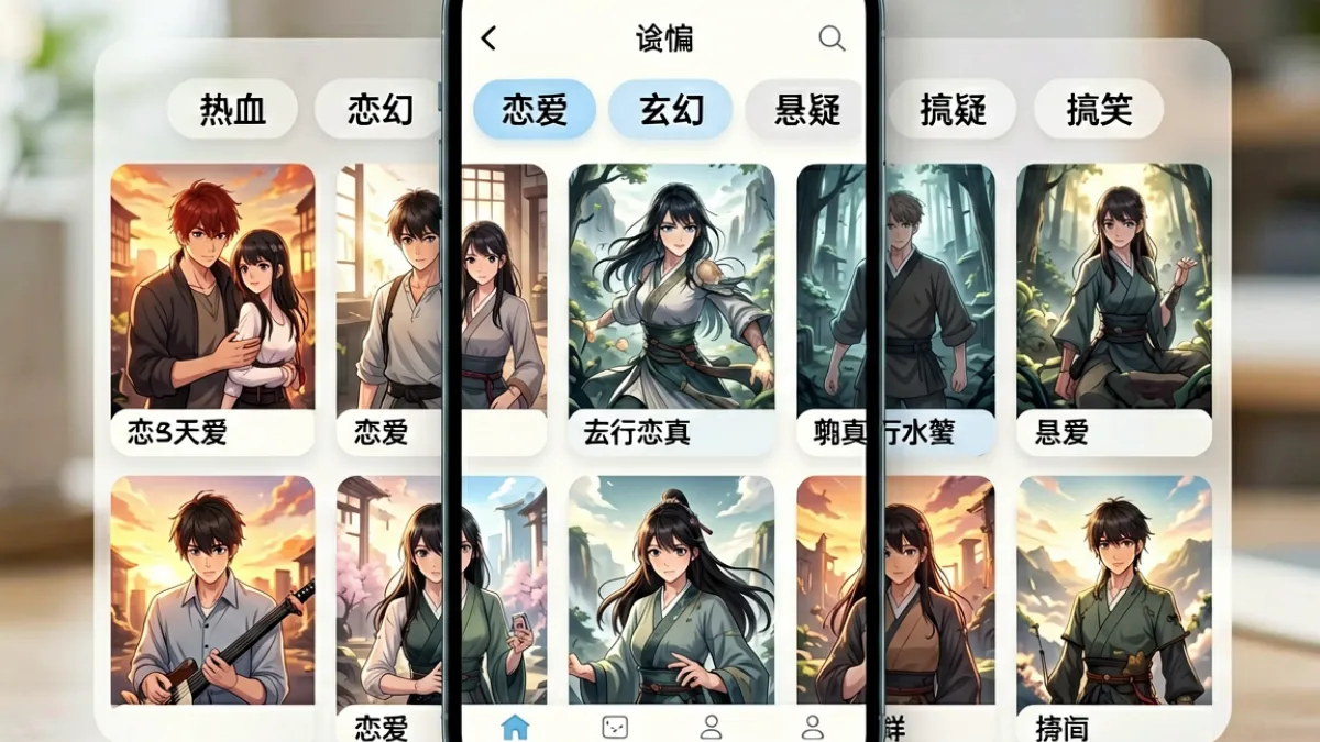九妖漫画分类页面截图，展示热血、恋爱、玄幻等多个漫画类型的入口标签