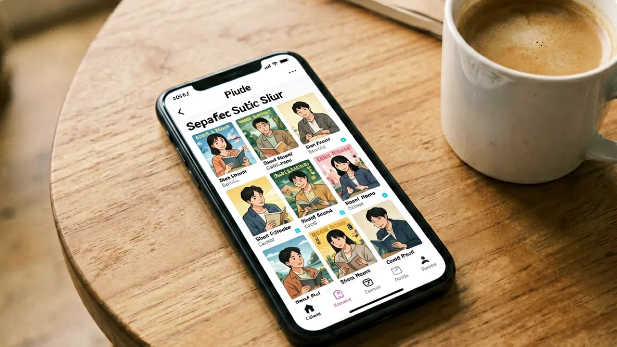 用户在手机上对比多个漫画平台，桌上摆放着打开九妖漫画完结专区的手机屏幕