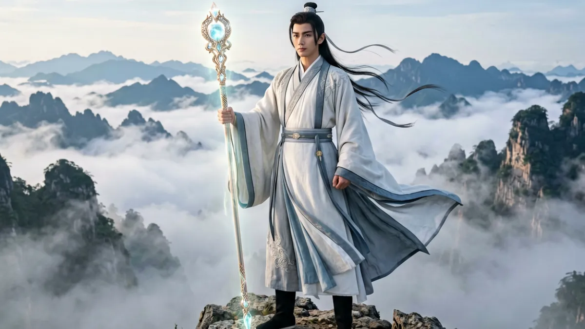 玄幻漫画天命武神主角手持神器俯瞰山河的关键帧画面，笔触细腻气势磅礴
