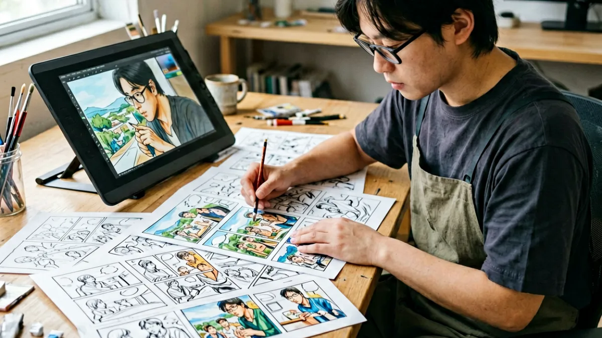 九妖漫画 - 漫画创作者在绘制分镜草稿，展示一部热门漫画从草图到成稿的创作过程